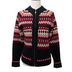 Vintage Kandel Unisex Sz S Black Red Fair Isle 100% Wool Full Zip Cardigan Flaw